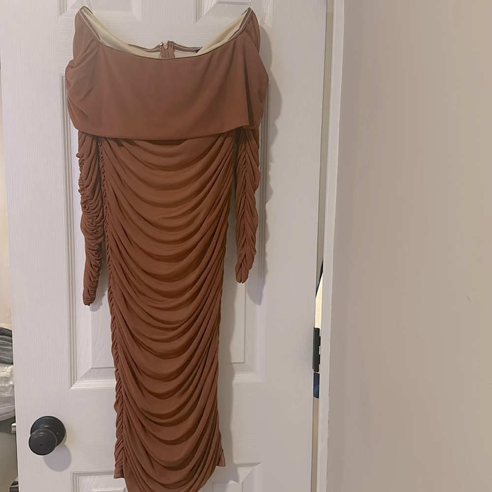 Fashion Nova Burnt Orange 🍂 off the shoulders long sleeve ruched midi dress.